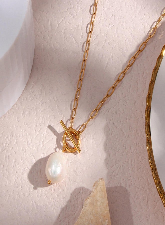 Decentraland Baroque Gold Freshwater Pearl Long Pendant Necklace Paperclip Toggle Drop Stainless Steel Necklace For Women - Image 3